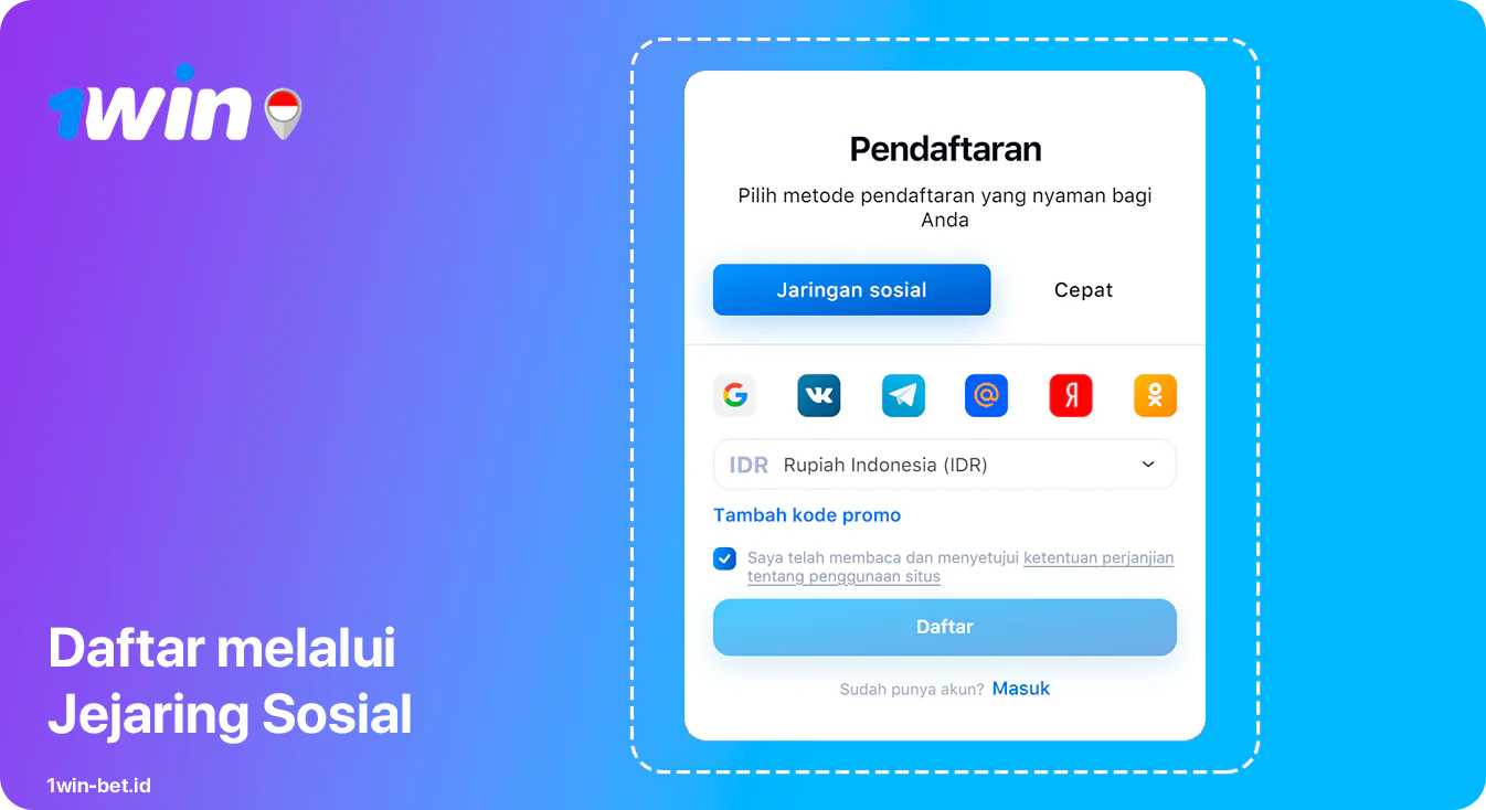 1Menang - Pendaftaran menggunakan media sosial