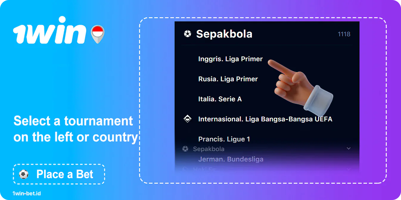 Select a tournament or country in the sports list - 1Win ID