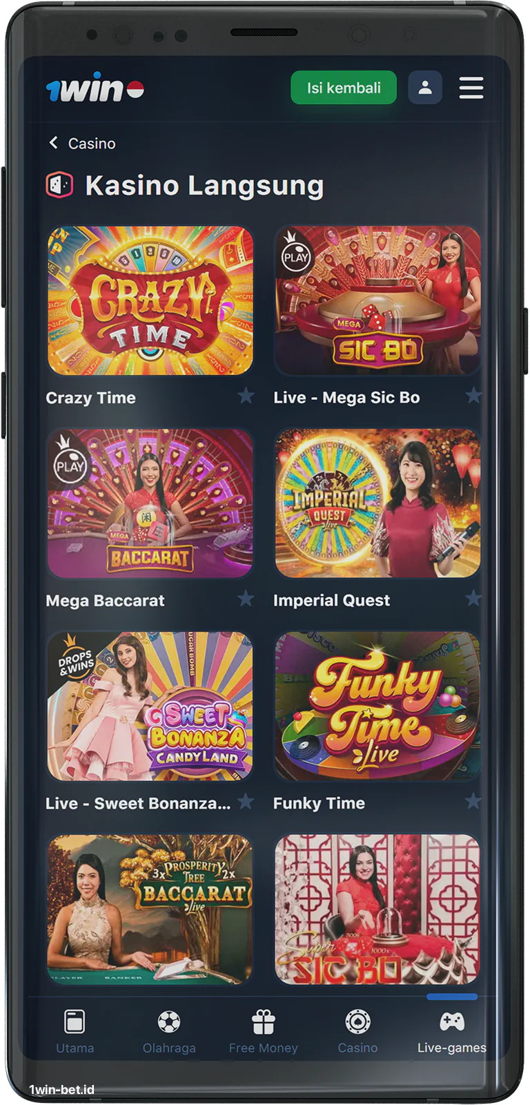 1Win Live Casino Section on App